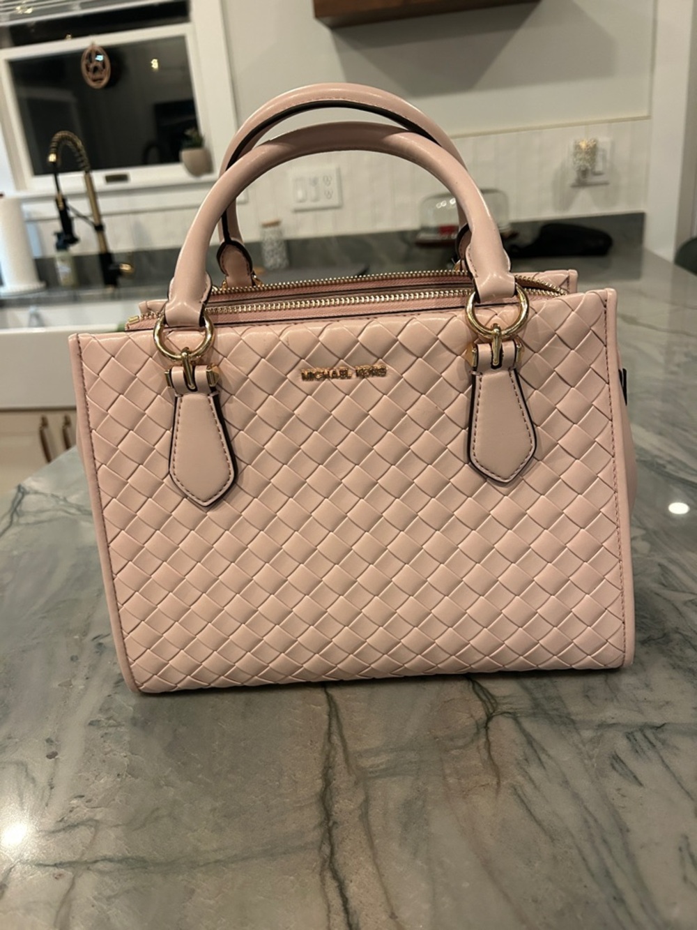Michael Kors Blush Pink Woven Leather Satchel with Gold Hardware